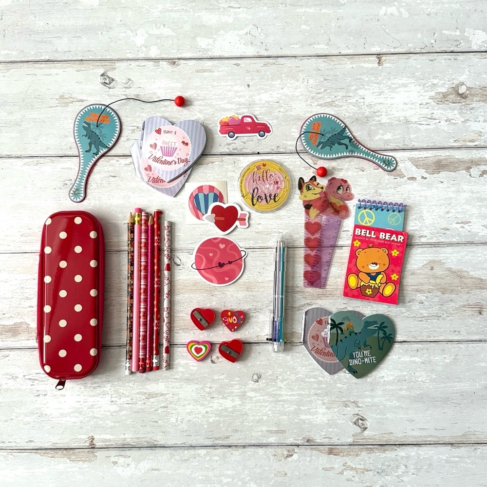 Kids Valentine’s day Goodie Items School Supplies Pencils & Case Notepad Sticker